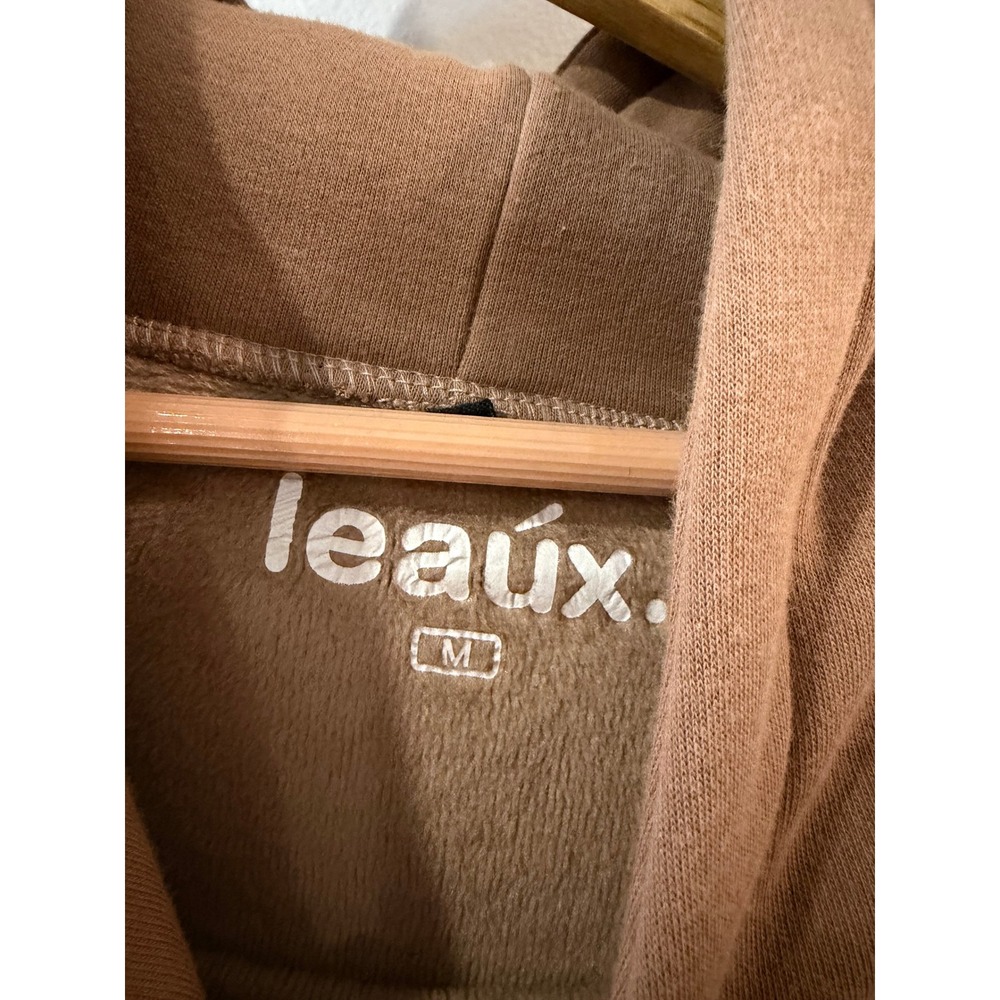 Leaux Brown Puff Print Logo Hoodie Fleece Lined Streetwear Pullover Mens Medium - Picture 3 of 6